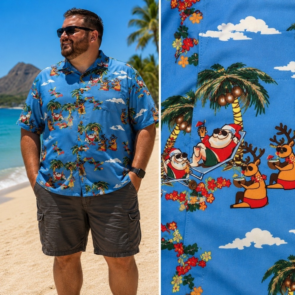 Christmas-Themed Hawaiian Shirt Men's 2XL Tropical Aloha Cruise Beach Resort
